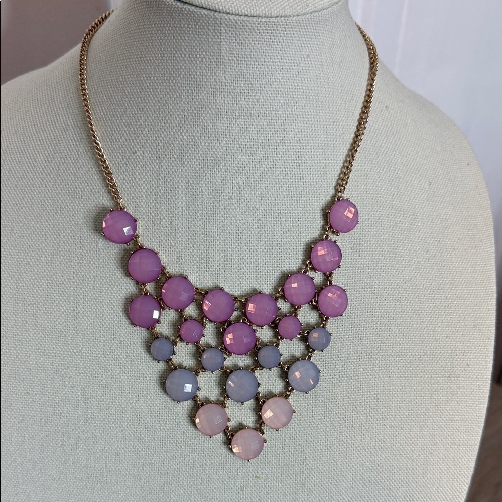 Elegant Pink and Purple Statement Necklace - Gold tone chain & Findings